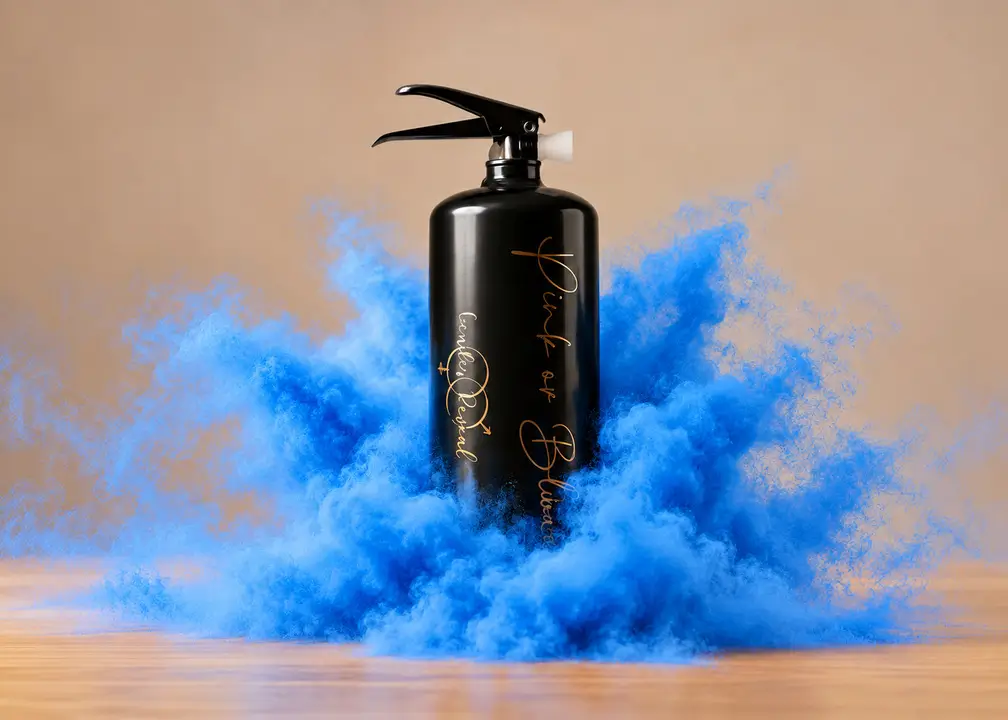 Gender Reveal Feuerlöscher mit feiner blauer Farbpulverwolke – breites Motiv